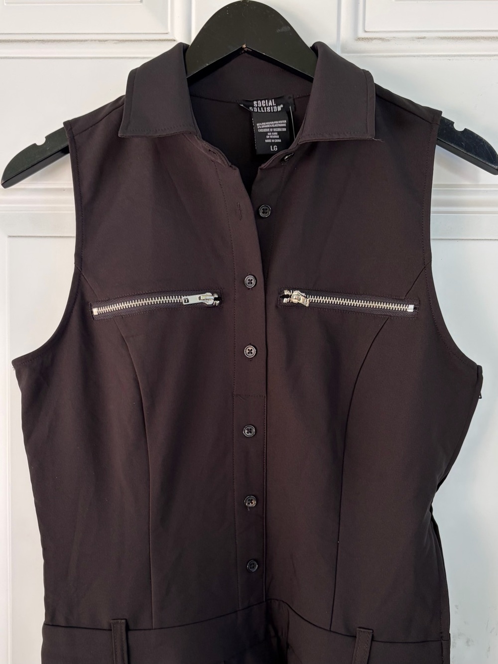Sleeveless Black Button-Front Mini Dress with Silver Zippers - Picture 2 of 6